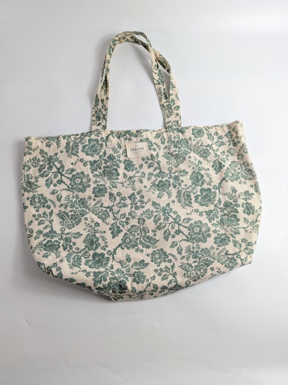 Sezane Paris Green Floral Shopper Tote Bag Open Shoulder Unlined
